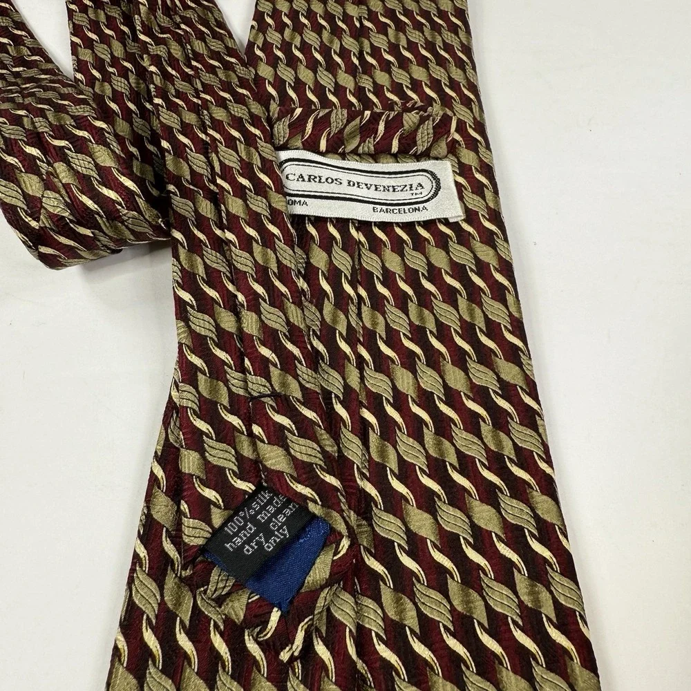 Carlos Devenezia Burgundy Red Gold White Silk‎ Tie Geometric Links